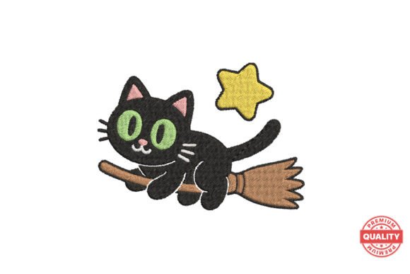 Black Cat on Broom Embroidery Design