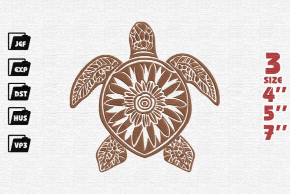 Ornate Sunflower Sea Turtle Embroidery Design