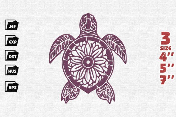 Ornate Sunflower Sea Turtle Embroidery Design in Plum