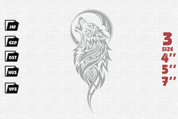 Tribal Howling Wolf and Moon Embroidery Design in Silver